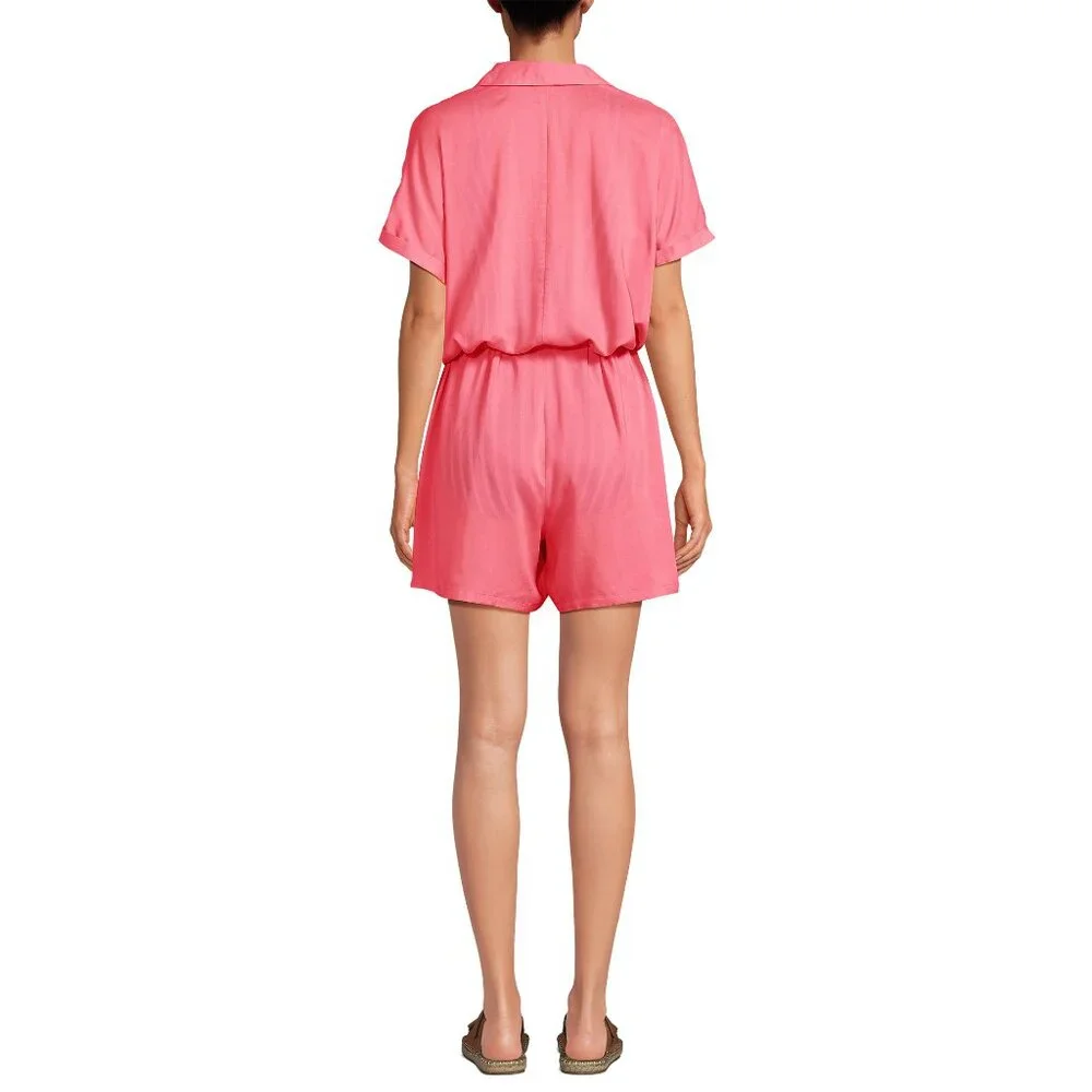 Lands' End Women's 1X, M-L LONG Button Front Swim‎ Cover-up Romper Wood Lily